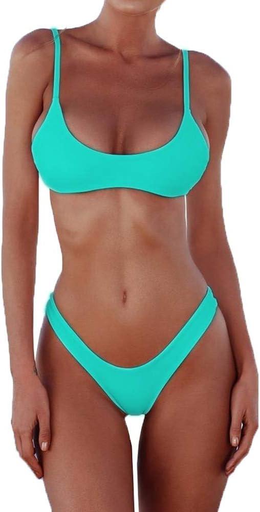 SherryDC Women's Solid Scoop Neck Push Up Padded Brazilian Thong Bikini Swimsuit Bathing Suit (Medium, Lake Green)