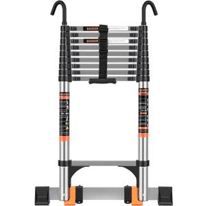 Telescoping Ladder,12.5 FT Extension Ladder w/Hooks,Stabilizers,Wheels,Heavy Duty 330lbs Max Capacity,Collapsible Telescopic Ladder for Rv,Roof,Outdoor