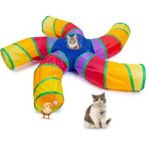 EGETOTA Cat Tunnel for Indoor Cats Large, with Play Ball S-Shape 5 Way Collapsible Interactive Peek Hole Pet Tube Toys, Puppy, Kitty, Kitten, Rabbit (Multicolor)