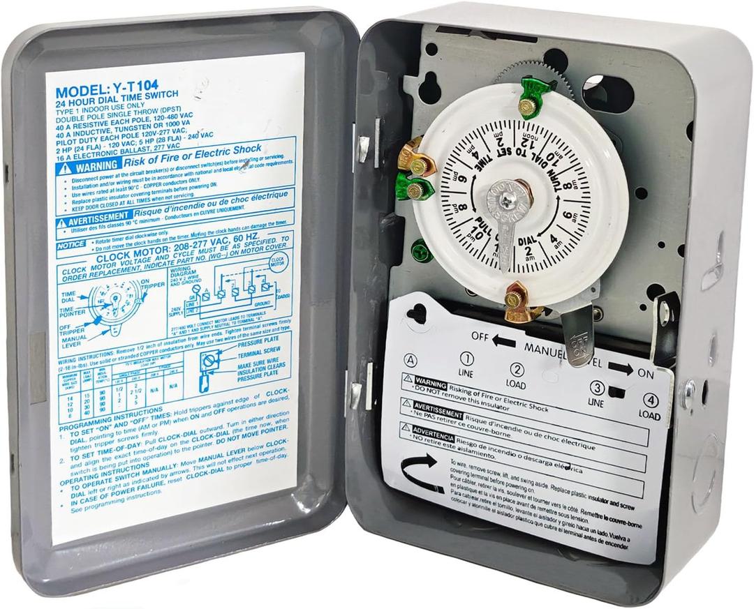 T104 24-Hour Mechanical Time Switch Pool Pump Timer with Metal Enclosure, 208-277V, 40A, 60Hz, DPST, 12 ON/Off Operations, Manual Override Included Trippers, Reliable Control for Various Loads