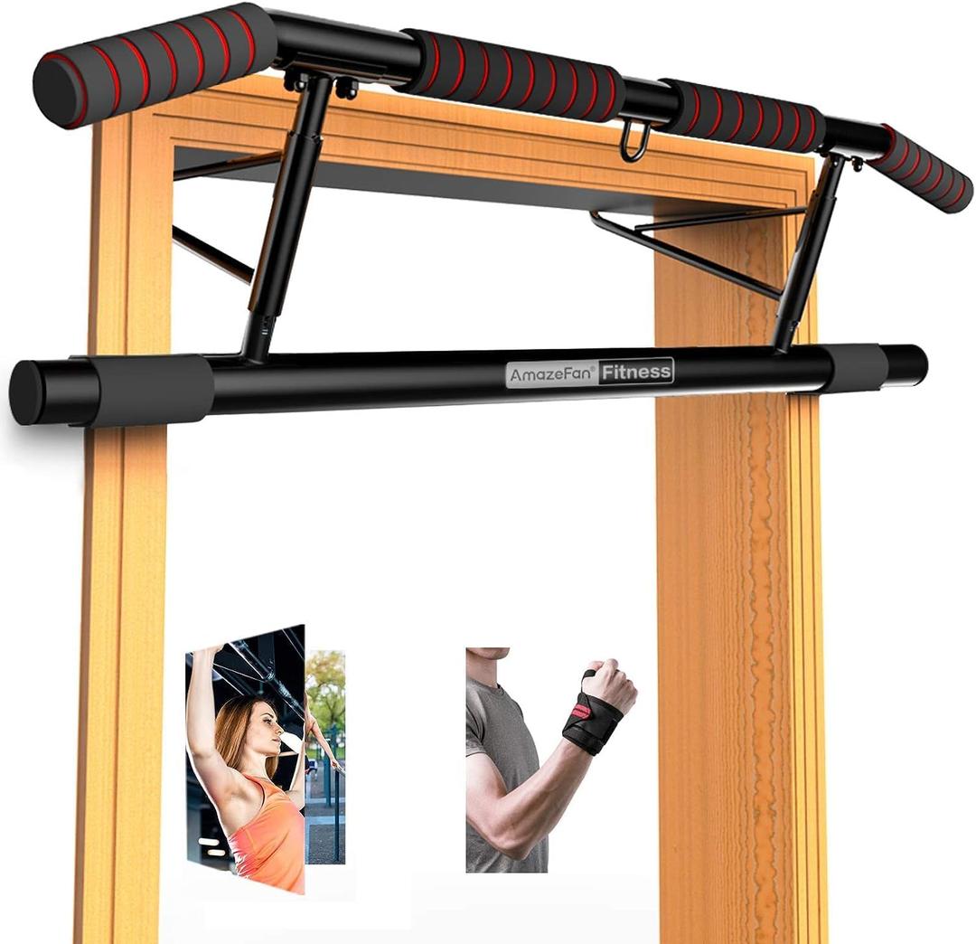 AmazeFan Pull Up Bar Doorway with Ergonomic Grip - Fitness Chin-Up Frame for Home Gym Exercise - Multi-Angle Grip - 2024 Upgrade Smart Hook (Fits Almost All Doors) (Black/Red)