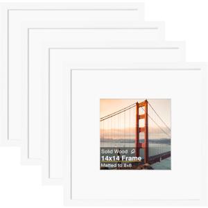 KINLINK 14x14 Picture Frame, White Square Solid Wood Frames for Pictures 8x8 with Mat or 14x14 without Mat, Wall Display Photo Frames White 4 Pack