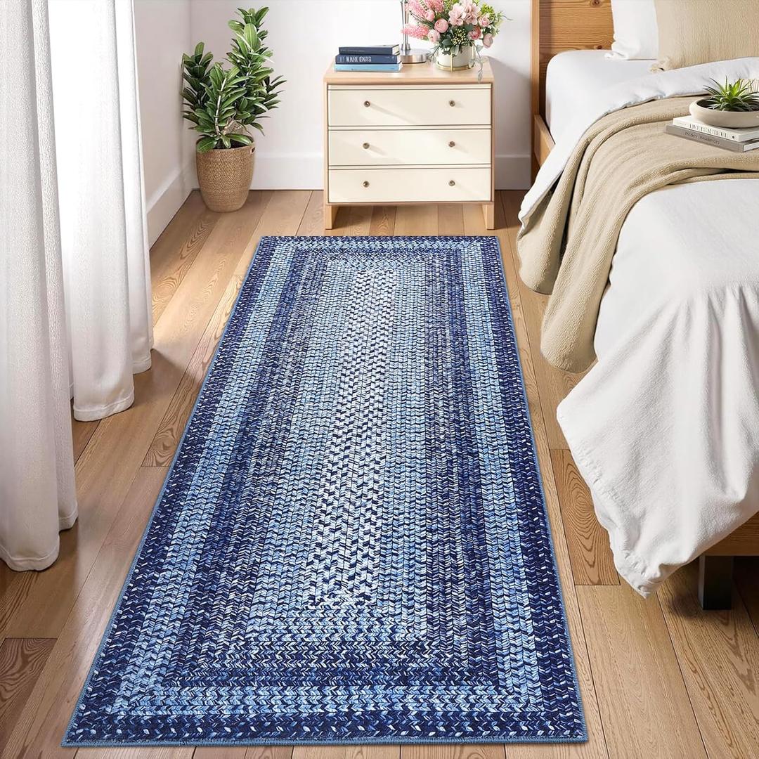 RUGSREAL Runner Rug for Hallway Kitchen Runner Mat 2x10, Machine Washable Long Runner Throw Mat, Non Slip Entryway Rug Stain Resistant Braided Printed Carpet for Bedroom Living Room, Navy