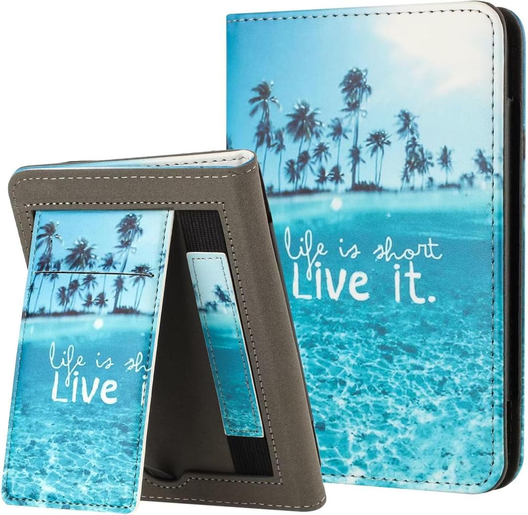 MonsDirect for 6.8" Kindle Paperwhite 11th Generation 2021 Case (Model: M2L3EK / M2L4EK), PU Stand Hard Cover, Auto Wake/Sleep with Hand Strap for Kindle Paperwhite & Signature Edition, Beach