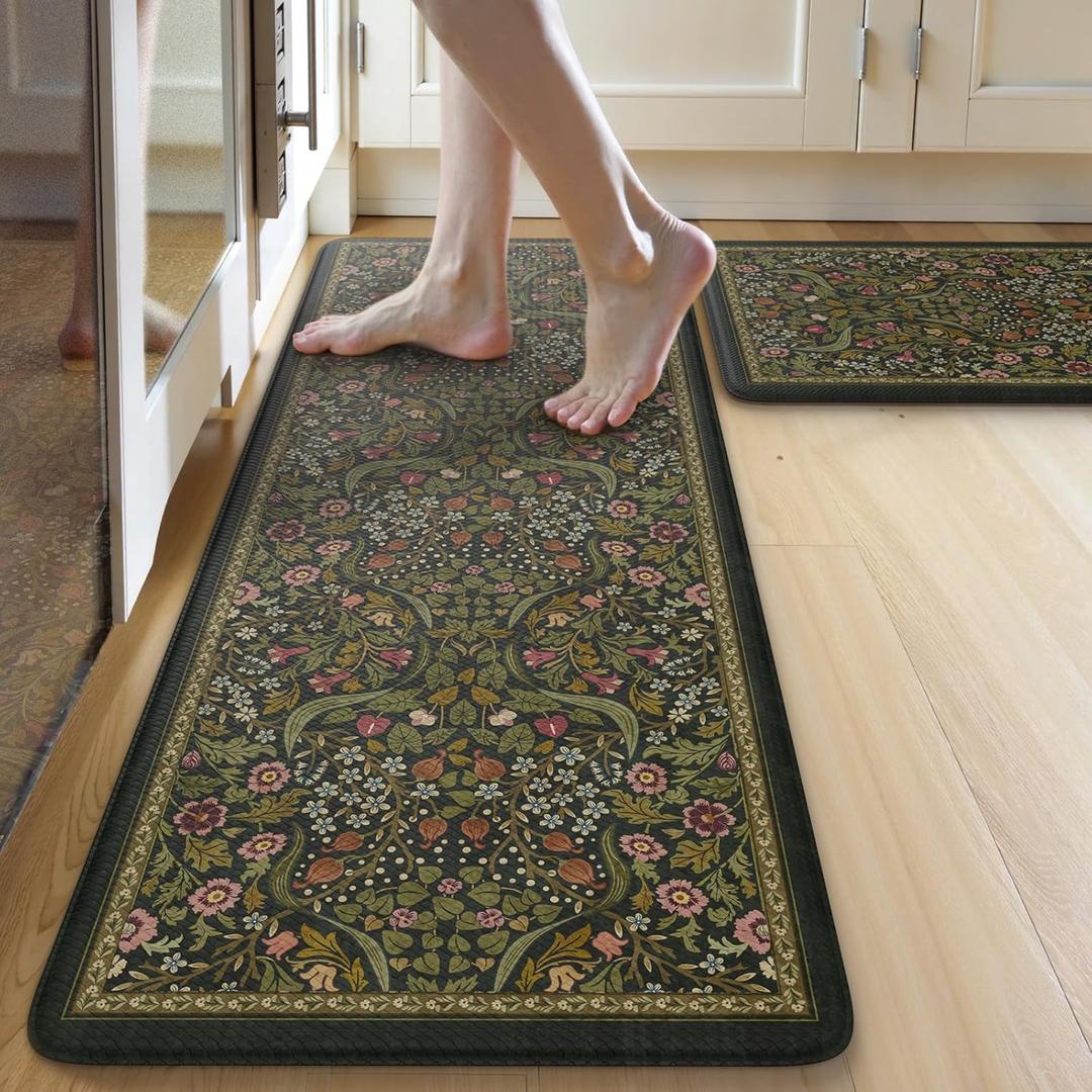 Collive Anti Fatigue Kitchen Mats, Spring Green Floral Kitchen Rugs Sets of 2 Non Slip Waterproof Standing Mat, Vintage Comfort Desk Rug for Office, Sink, Laundry, 17.3"x29"+17.3"x47"