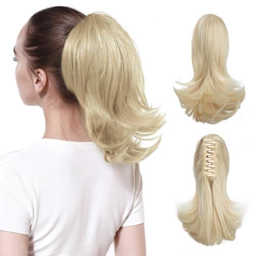 CJL HAIR Short Claw Clip Blonde Ponytail Extension Drawstring Curly Wavy Pony Tails Heat Resistant Fiber Hair Pieces Synthetic Hairpiece for White Womens 12 Inch