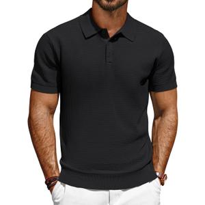 PJ PAUL JONES Polo Shirts for Men Short Sleeve Casual Knit Waffle Texture Polo Golf Shirt (Small, Black)