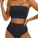 Yonique Bandeau Bikini Strapless Swimsuit - Two Piece High Waisted Bathing Suits (Large, Pure Black)