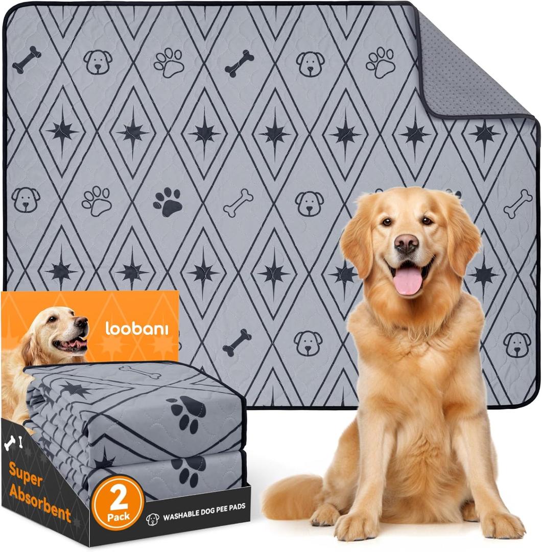 LOOBANI Reusable Pee Pads for Dogs - 2 Pack 24"x36" Washable, Waterproof & Leakproof, Non-Slip Whelping Pads for Dog Playpen, Crate, Gray