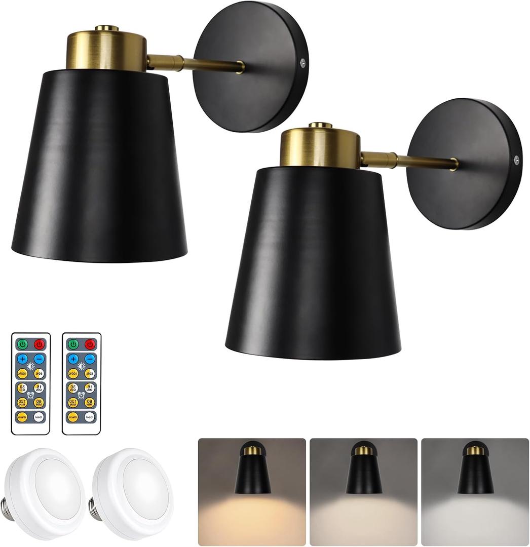 Battery Operated Wall Sconces Set of 2, Dimmable LED Wall Lights with Remote Control, 3000K/4000K/6000K Adjustable Black Wall Mounted Lamp for Bedroom Living Room Hallway, Bulb Included light fixture 18x18x16