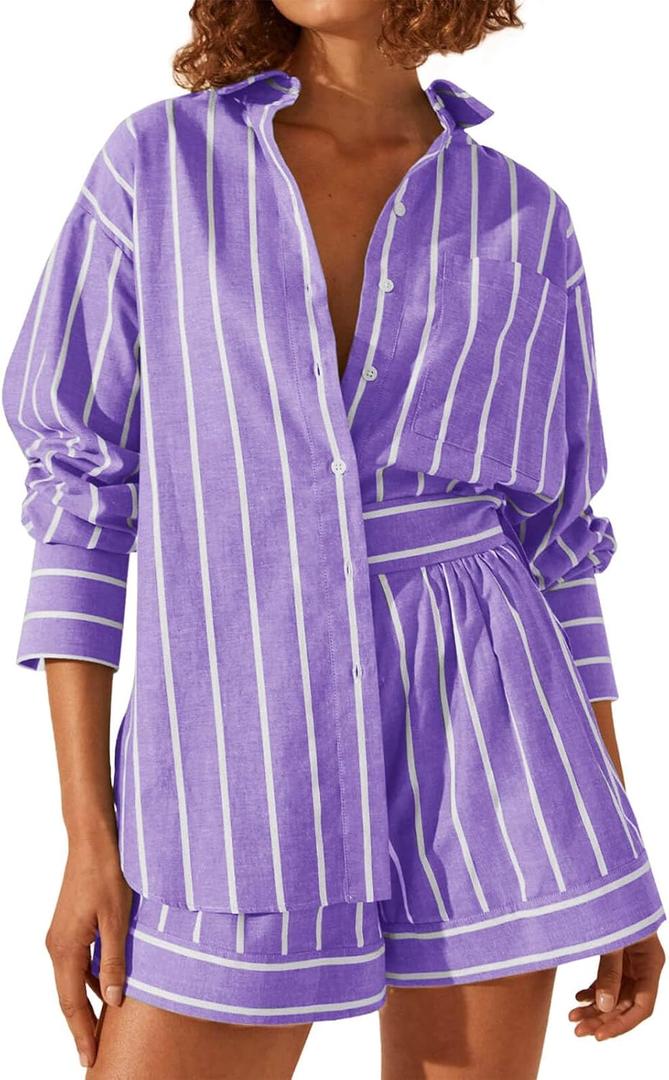 Tankaneo Womens 2 Piece Outfits Striped Long Sleeve Button Down Collared Shirt Matching Shorts Sets (Medium, Purple)