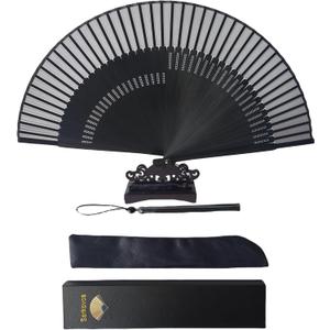 HandHeld Silk Folding Fan with Bamboo Frames 8.66"(22cm) Chinese/Japanese Style Hand Fan for Dancing Cosplay Wedding Party Props Decoration,Birthday gift (Black1)