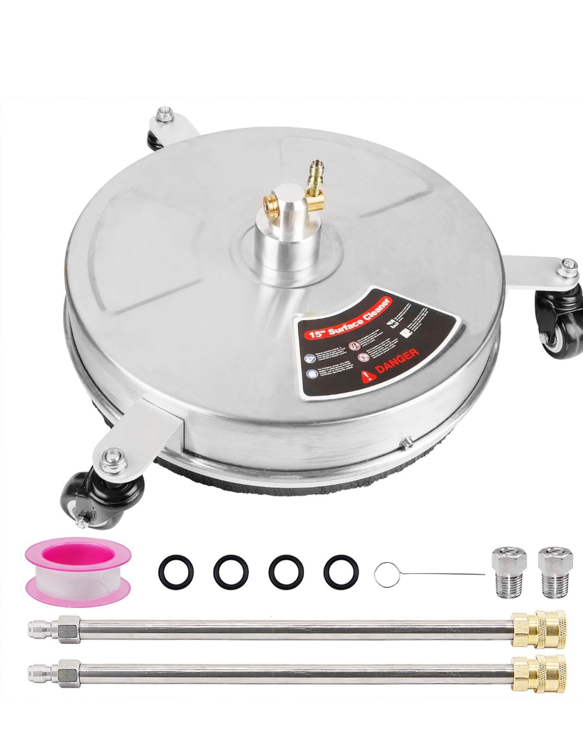 Biswing 15" Pressure Washer Stainless Steel Surface Cleaner with 3 Wheels & 1/4" Quick Connector, Power Washer Attachment with 2 Extension Wand, 2 Replacement Nozzles, 4000 PSI