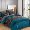 Luxudecor Teal Blue Comforter Set King Size, 7 Pieces Blue and Black Stripe Bed in a Bag, Geometric Comforter and Sheet Set, Soft Microfiber Complete Bedding Sets for All Seasons