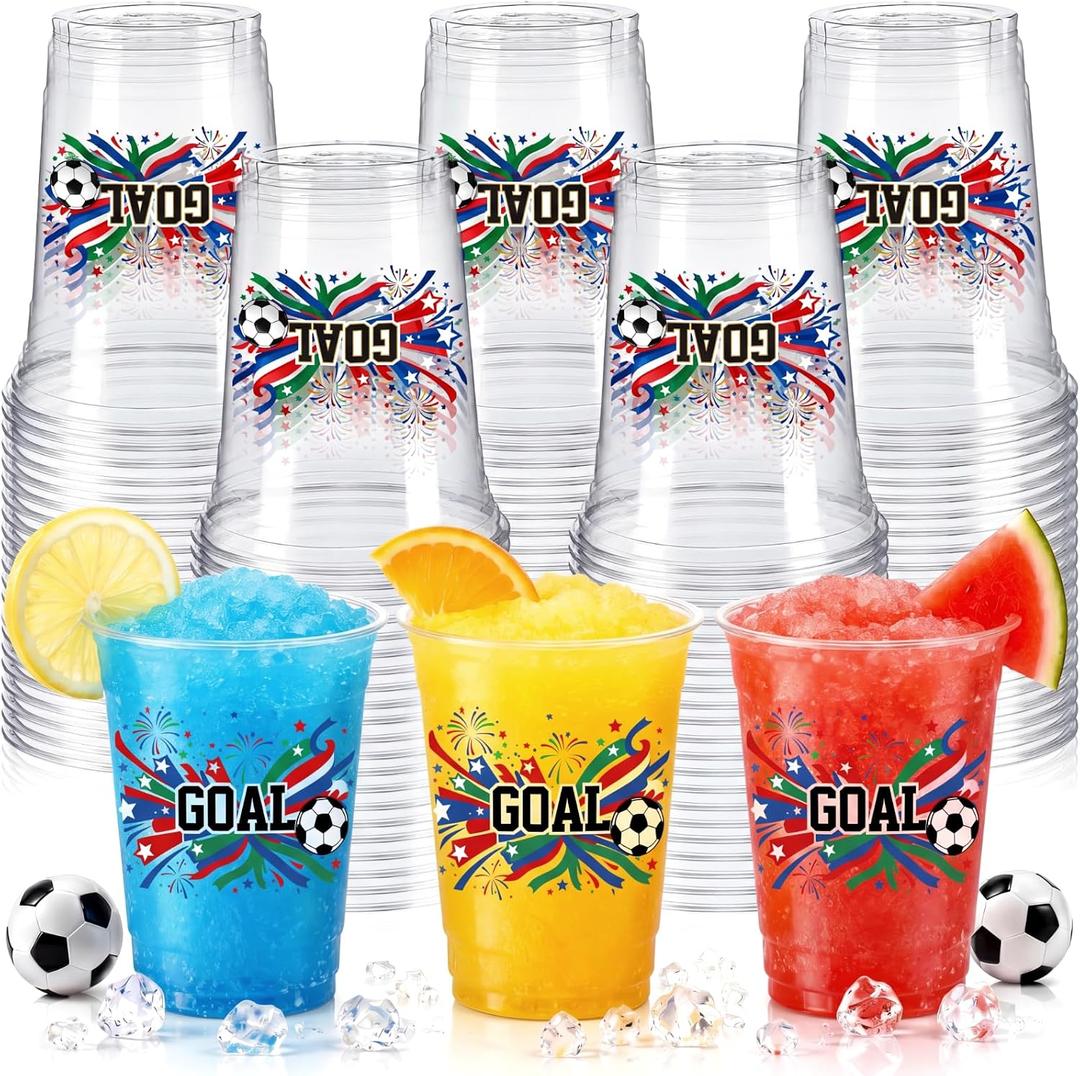 Honeydak 50 Pack 12 oz Soccer Party Cups Disposable Clear Plastic Cups with Goal Soccer Ball Design, USA Mexico Colors for Birthday, Game Day, Team Celebrations, Watch Party Supplies