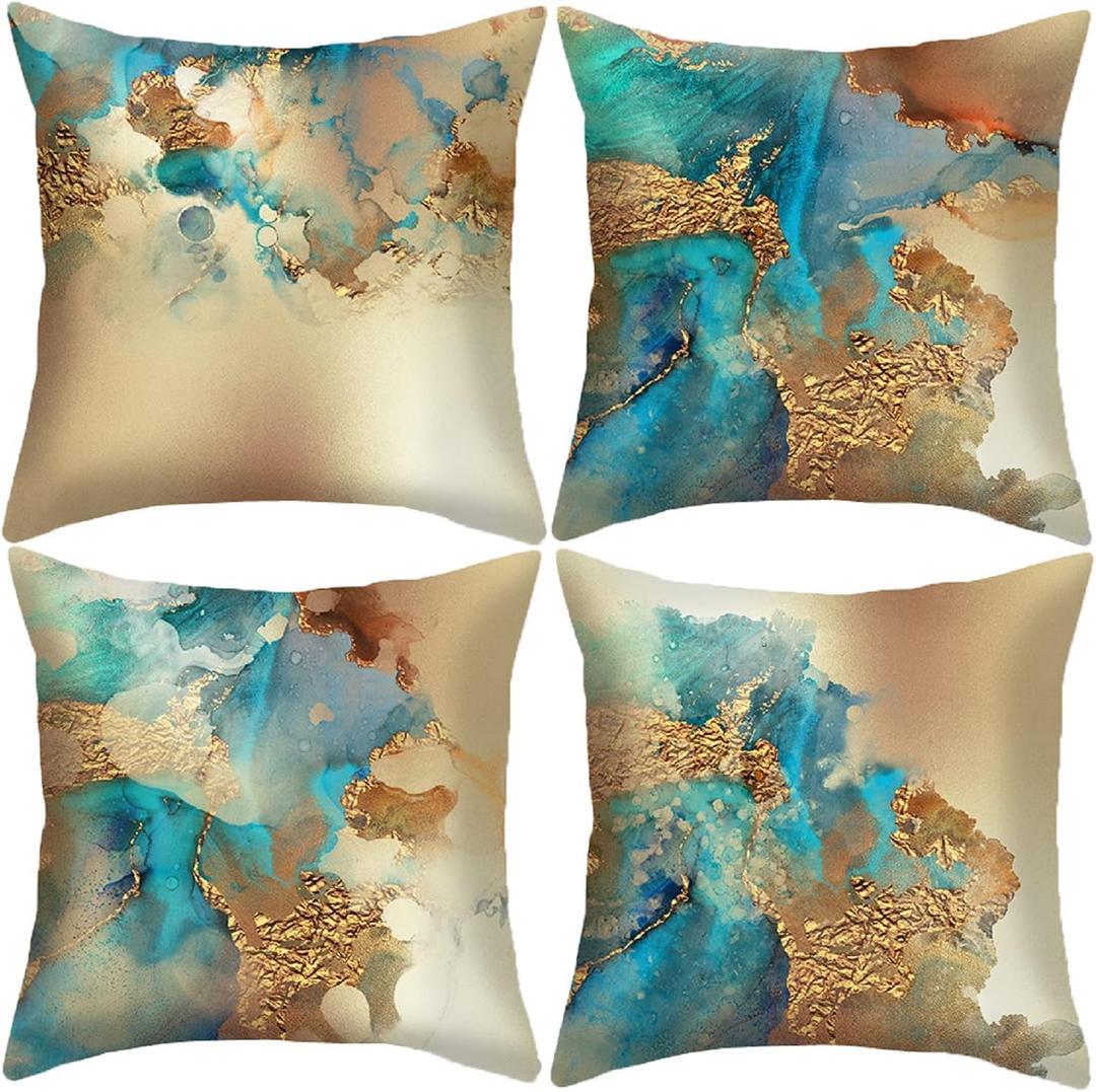 HOSTECCO Teal and Gold Throw Pillow Covers 18x18 inch Set of 4 Turquoise Gold Abstract Pillow Cases Modern Decorative Cushion Covers for Sofa Couch (Nordic Abstract 2)