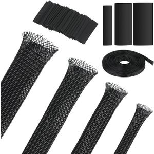 Tatuo 65.6 ft Expandable Braided Cable Sleeve Multi Size Braided Wire Sleeve with 120 Pcs Heat Shrink Tubing for Television Audio Computer Cables Video Pets, 1/4 in, 2/5 in, 1/2 in, 3/4 in(Black)