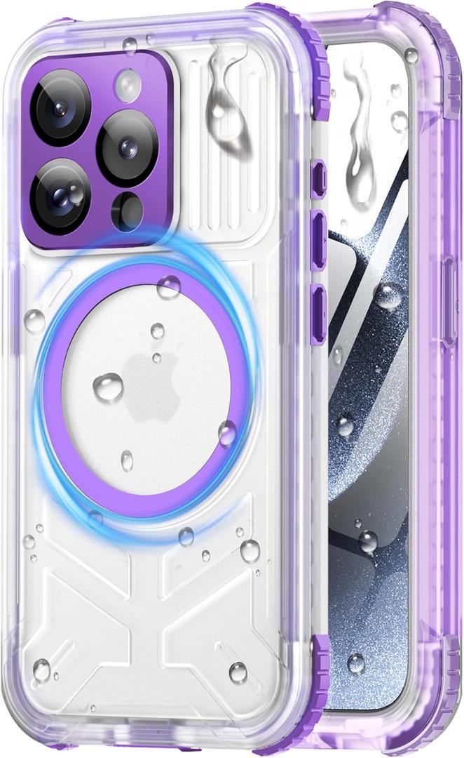 for iPhone 15 Pro Max Waterproof Case, Screen Protector, Lanyard, IP68 Military Full Body Shockproof, for Water Sports Outdoor Work, Funda para 15 Pro Max Impermeable, 6.7" Purple