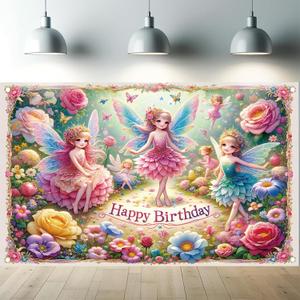Fairy Happy Birthday Backdrop Banner Enchanted Garden Party Decoration Cute Floral Fairy Tale Banner for Girls Kids Birthday Photography Background Photo Booth 71 x 43 inch