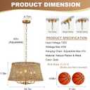 Hand-Woven Rattan Chandelier Vintage Farmhouse Boho Bamboo Chandeliers Light Fixture Retro Drum Wicker Rattan Gold Chandelier for Dining Room, Kitchen, Living Room