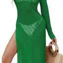 Pink Queen Swimsuit Coverup for Women 2025 Crochet Long Sleeve Hollow Out Mesh Knit Beach Cover Up (Beige, L)