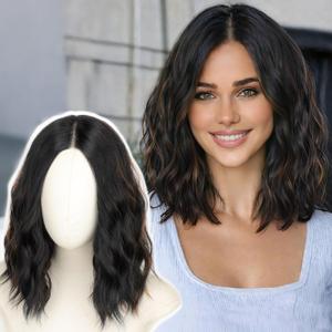 AISI HAIR 14 Inch Black Mix Brown Wigs for Women - Shoulder Length Wave Wig with Pre-Cut Lace Hairline, Middle Part Natural Wavy Bob Synthetic Heat Resistant Fiber for Daily and Party