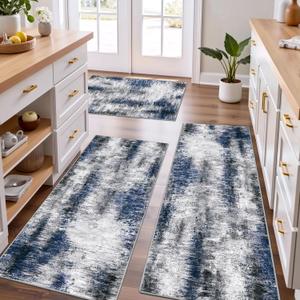 Tritard Upgrade Non Slip Kitchen Rugs Sets of 3 Washable Kitchen Mats for Floor Abstract Kitchen Runner Rug Soft Floor Mat Set Kitchen Carpet Rugs for Hallway, Laundry, Entryway, Office, Blue Grey (20"x32"+20"x48"+20"x59")