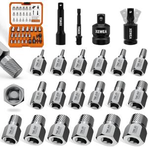XEWEA 22PCS 3/8" Drive Screw Extractor Set, Multi-Spline Easy Out Bolt Remover Kit for Stripped Broken Bolts, Nuts & Screws, Heavy-Duty CR-MO Extraction Tools with Extension & Adapter Accessories