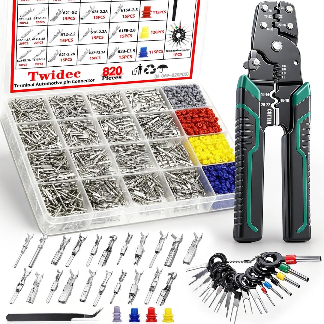 Twidec/820PCS Pin Connector Kit with Crimping Pliers,Car Electrical Wire Terminal 21Type 1/1.5/1.8/2.2/2.3/2.8/3.5mm Auto Electric Connector Terminal Non-Insulated Plug Removal Male Female Crimp Pins