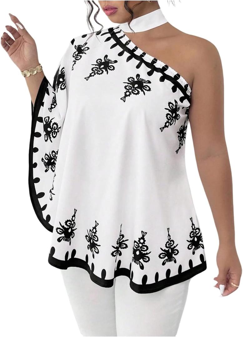 SOLY HUX Women's Plus Size Floral One Shoulder Top Tie Neck Blouse Poncho Boho Shirts (White, XXL)