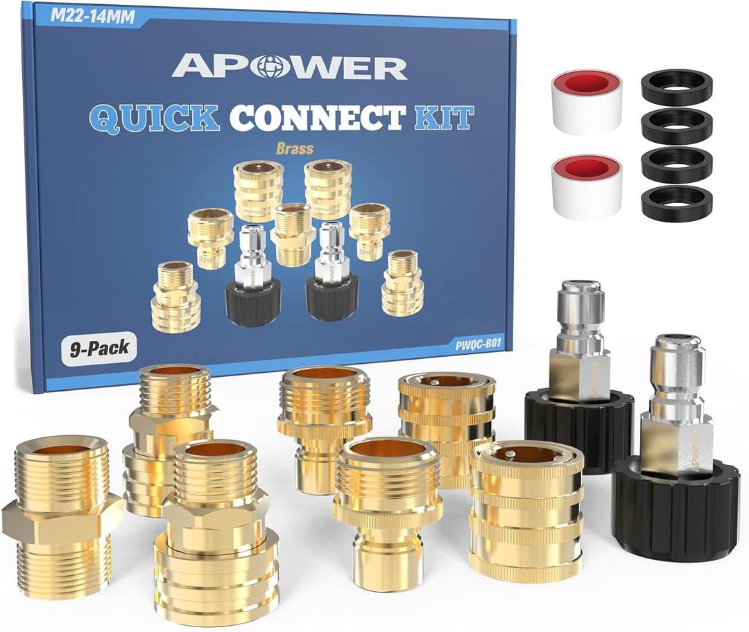 Pressure Washer Quick Connect Kit, M22-14mm to 3/8" Male Female Quick Disconnect Kit for Power Washer, 3/4 Inch Hose Fittings Adapter Set, Brass, 9 Set