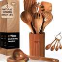 KLYRO Wooden Spoons for Cooking, Nonstick Kitchen Utensils Set with 4 Piece Measuring Spoons, Comfort Grip Wooden Spatula Set, 9 Piece Teak Wooden Cooking Utensils with Holder and Spoon Rest