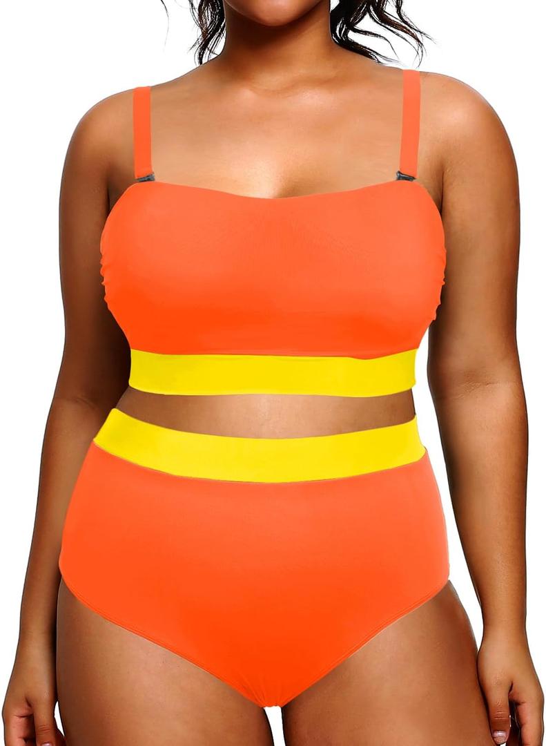 Tempt Me Women Plus Size High Waisted Bikini Bandeau Two Piece Swimsuit Orange and Yellow 14 Plus
