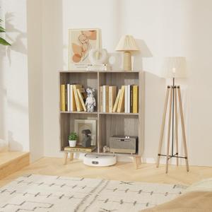 Lkeiyay Wooden 4 Cube Open Bookcase,2 Tier Mid-Century Bookshelf with Legs, Modern Storage Display Cabinet Organizer Bookshelves for Bedroom,Living Room,Office (Grey)
