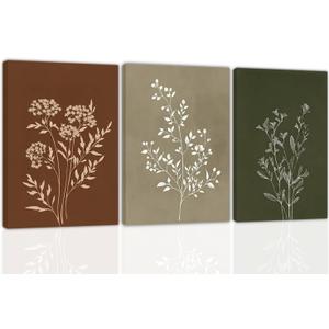 3pcs Boho Botanical Canvas Wall Art Decor Minimalist Vintage Flower Plants Line Artwork Pictures Modern Farmhouse Neutral Floral Posters Painting Prints for living room bedroom bathroom 16x24Inch (Canvas)