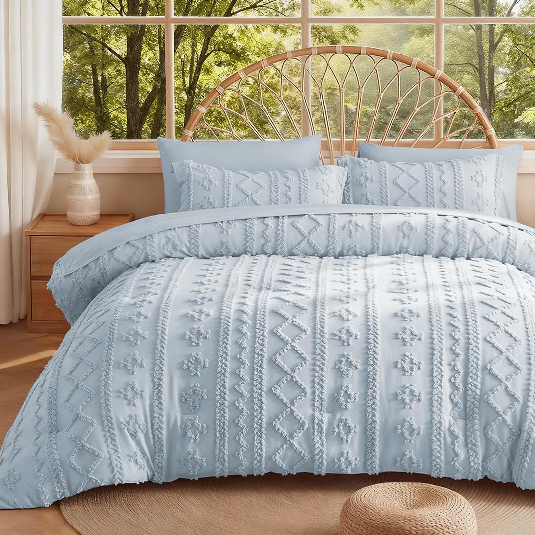 MR&HM Boho Comforter Set King, Dusty Blue 7 Pieces Bedding Set, Farmhouse Shabby Chic Bed in a Bag with 1 Comforter, 2 Pillow Shams, 2 Pillowcases, 1 Flat Sheet, 1 Fitted Sheet for All Seasons