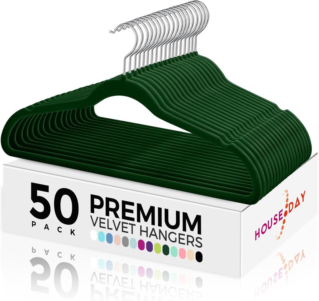 HOUSE DAY Premium Velvet Hangers 50 Pack, Non-Slip Flocked Felt Hangers, Sturdy Clothes Hanger with 360 Rotatable Hook, Heavy Duty Durable Slim Coat Hanger for Closet Space Saving(Emerald Green)