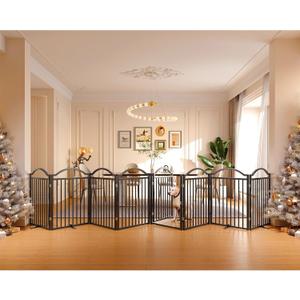 BHG Metal No-Assembly Freestanding Dog Gate with Door Walk Through, Extra Wide 196", Extra Tall 32" Pet Gate, Accordion Puppy Folding Playpen Dog Fence for Indoor & Outdoor, with 2PCS Support
