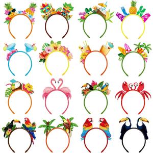 Capoda 16 Pcs Hawaiian Party Headband Felt Luau Head Boppers Tiki Aloha Boppers for Tropical Summer Beach Party Favors Supplies