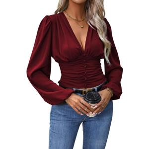 GORGLITTER Women's Ruched Deep V Neck Button Front Smock Lantern Sleeve Crop Top Blouses (Medium, Burgundy)