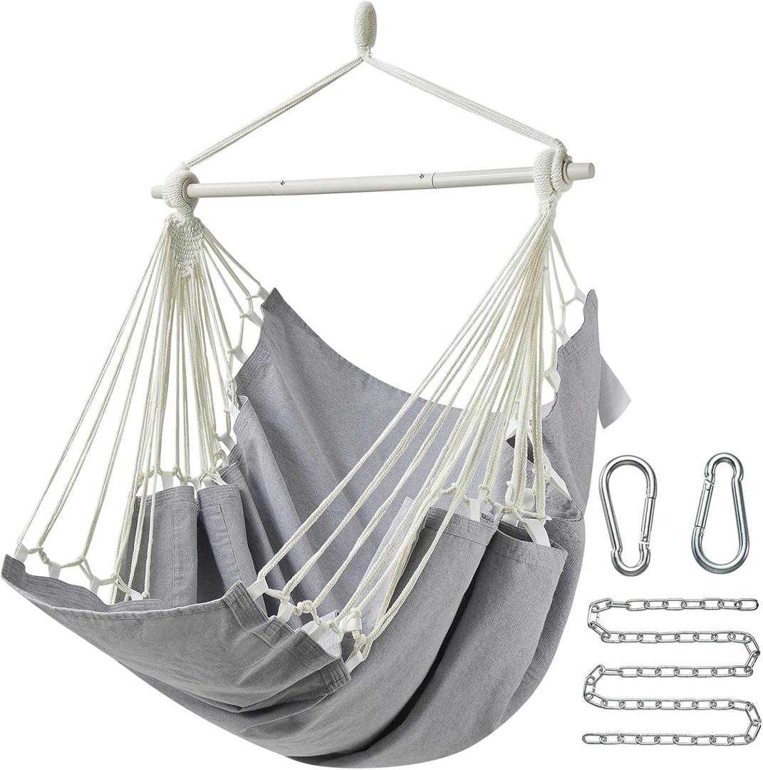 Hanging Hammock Chair Swing MAX 500 lbs Outdoor Hanging Chair with Footrest Indoor Swing Chair with Portable Steel Spreader Bar and Hardware Kit for Bedroom Living Room Patio Porch - Grey