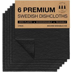 SUPERSCANDI 6 Pack Swedish Dishcloths for Kitchen - 100% Biodegradable & Compostable Reusable Paper Towels Washable, Food-Safe & Without Plastic - Dish Rags Suitable for Any Surface, Black
