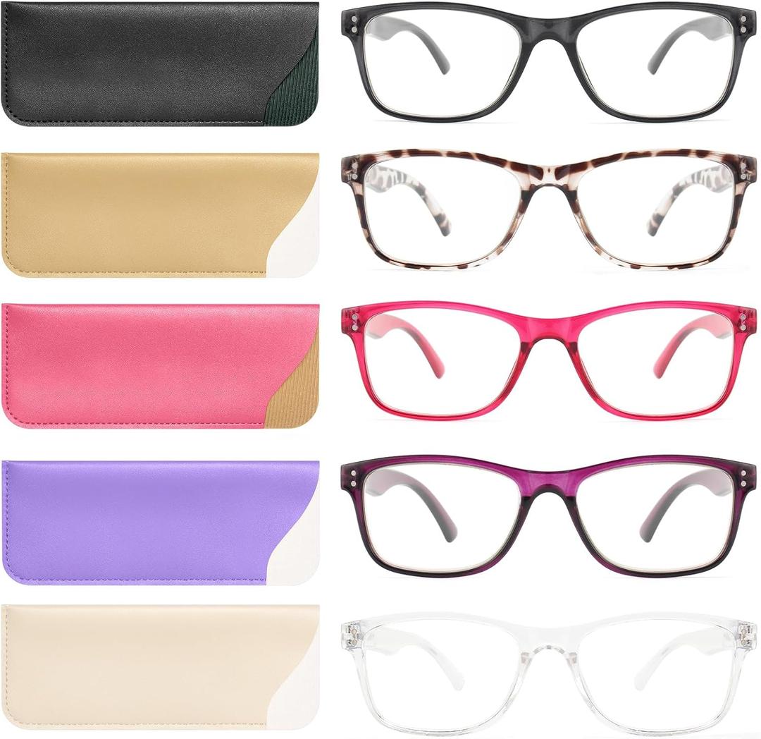 Reading Glasses Blue Light Blocking, Computer Glasses for Women Men, Fashion Square Eyeglasses 5 Pairs (Black + Leopard + Pink + Purple + Clear, +1.25)