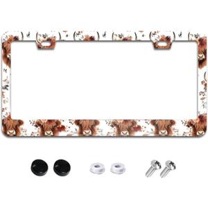 Cute Highland Cow and Floral License Plate Frame Animal License Plate Frames Aluminum Car Accessories Cover with 2 Holes and Screws 12 x 6 Inch for Front Rear Car Plate Decor for Women Men