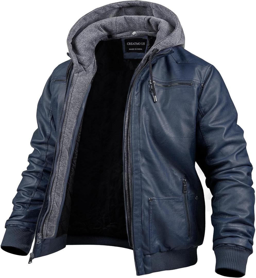 CREATMO US Men's Faux Leather Jacket Motorcycle Jacket Waterproof Windproof PU Moto Vintage Bomber Hoodie with Removable Hood (Navy)