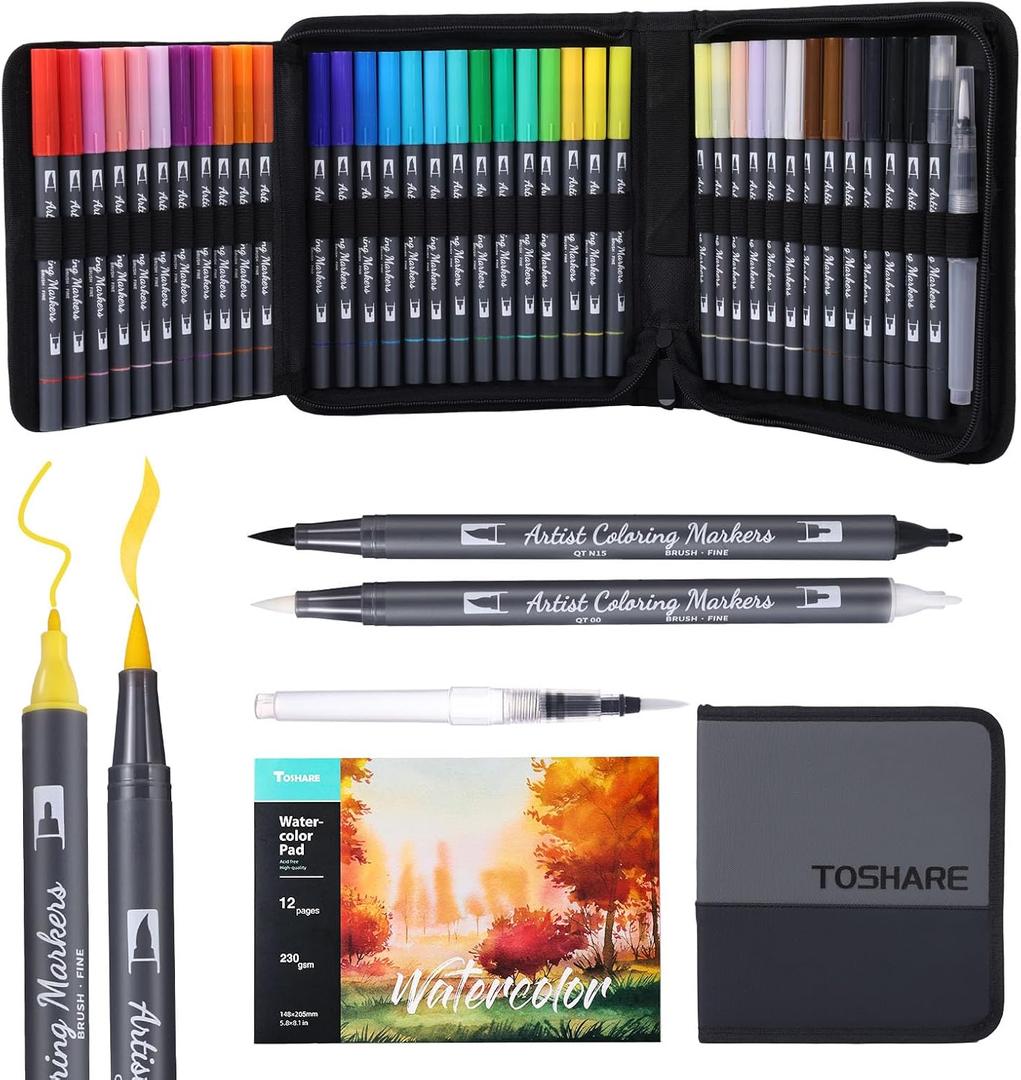 Watercolor Pens Set, 36-Color Dual Tip Professional Watercolor Markers for Adults, Water-Based Coloring Markers with 1 Aquapen, 1 Colorless Blender, 1 Black Marker, and 12-Page Pad, Art Supplies