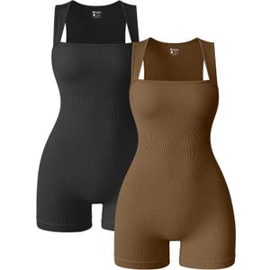 OQQ Women 2 Piece Rompers Yoga Stretch Strappy Square Neck Sleeveless Exercise Rompers (Medium, Black,coffee)
