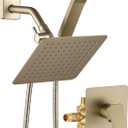 All Metal Shower Faucet Set, Dual Square Shower Head System with Handheld Wand & Rainfall Showerhead, Diverter, Hose Complete Combo, Pressure Balance Rough-in Valve Included (Brushed Gold)