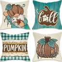 Fahrendom Hello Fall Pumpkin Gnome Decorative Throw Pillow Covers 18 x 18 Set of 4, Autumn Harvest Teal Blue Plaid Check Porch Outdoor Pillowcase, Maple Leaves Farmhouse Rustic Cushion Case Home Decor