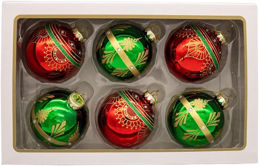 Kurt Adler 80MM Glass Red & Green Decorative Ball Ornaments, 6-Piece Box